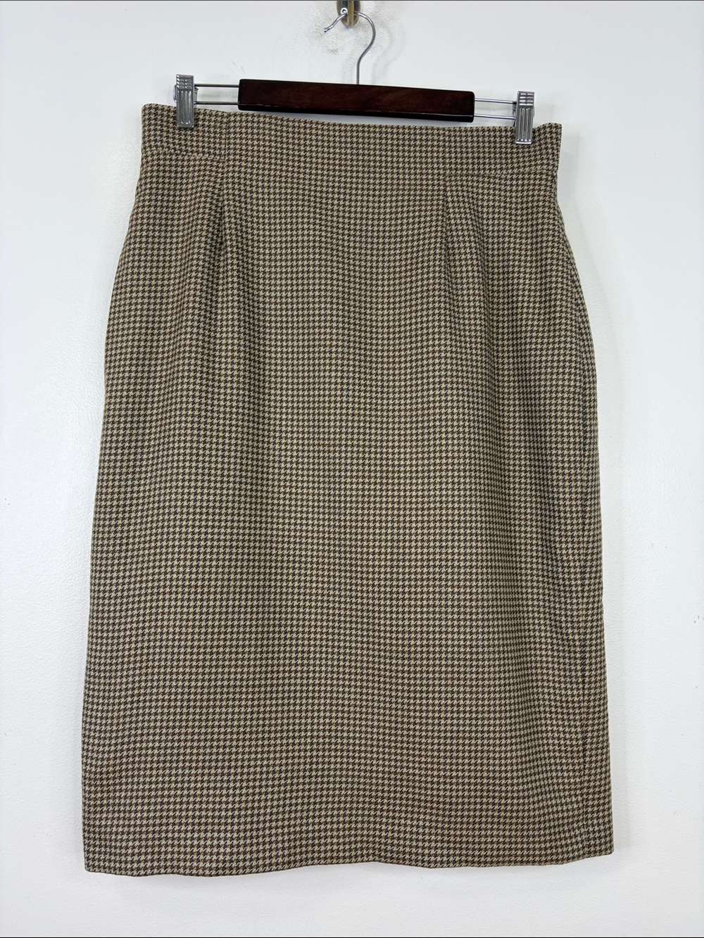 Wool Skirt Womens Large Brown Beige Gray Wool Houndstooth Made in England Retro